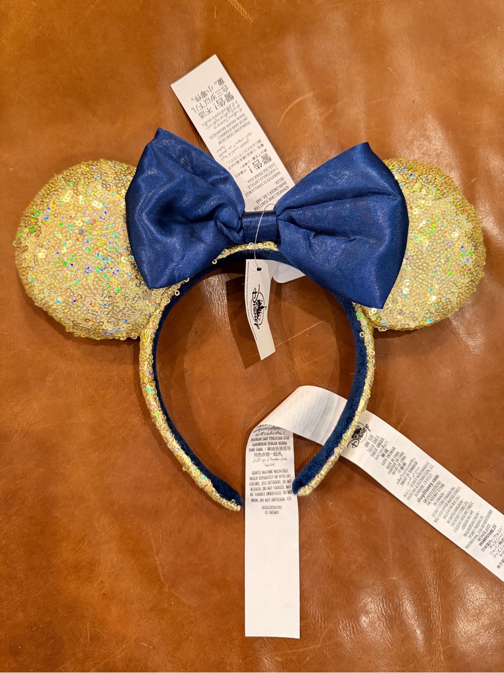 WDW Official Disney Gold Sequin Minnie Ears with Blue Bow